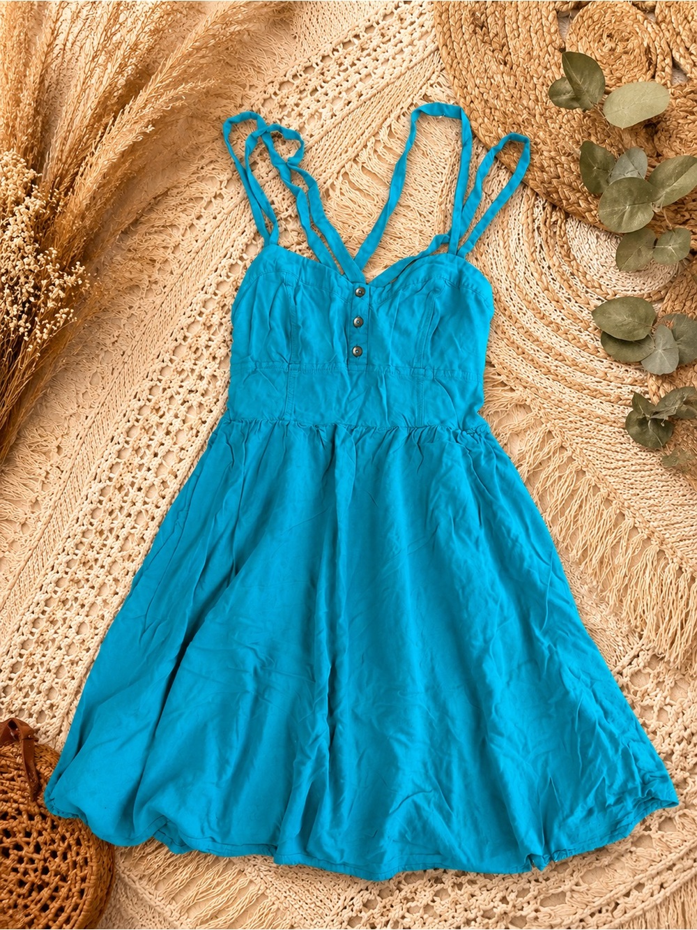 Turquoise Blue Sun Dress with Button Front